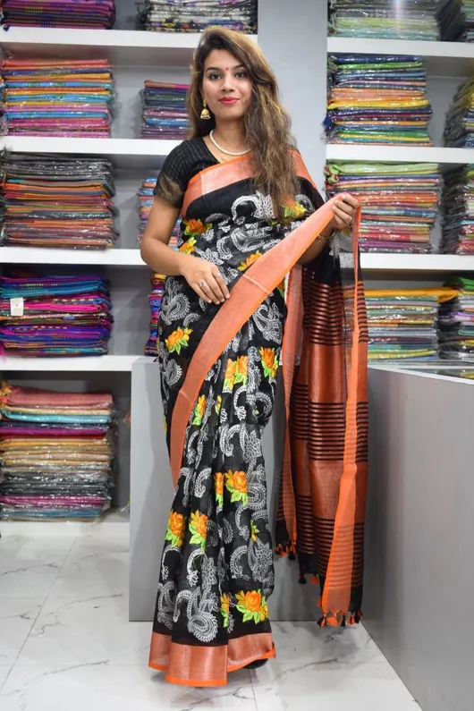 PURE LINEN JARI BORDER NEW EXCLUSIVE FLORAL EMBROIDERY WORK YARN DYED SAREES